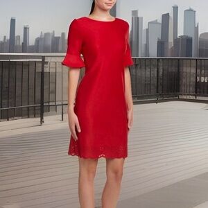 Donna Ricco Women’s Size 10 Red 1/2 Sleeve Cutout Border Dress. New with Tags